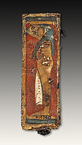 Plaquette en bois peinte polychromique, Kébehsénouf, dininité égyptienne. Nouvel empire, -1500 -1000.