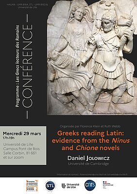 Affiche Conférence de Daniel Jolowicz "Greeks reading Latin: evidence from the Ninus and Chione novels"