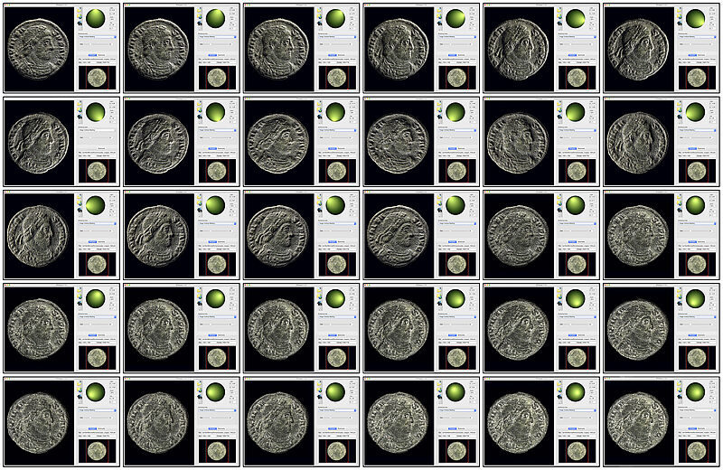 Composition didactique de 30 photographies d’une monnaie prise sous différents éclairages suivant un protocole de RTI (Reflectence Transformation Imaging). Un joystick virtuel permet de réattribuer a posteriori l’incidence de la lumière sur la monnaie et en révéler ainsi les moindres détails.