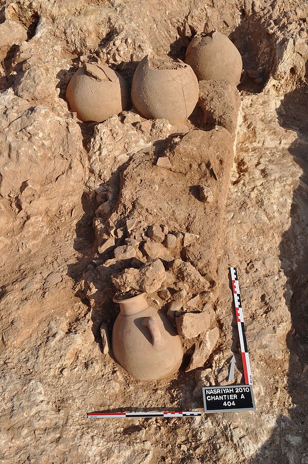 Figure 6 - Tell al-Nasriyah, Bronze récent et âges du Fer. Chantier A en ville basse, cimetière à crémation, jarres cinéraires en place dans des creux de la roche-mère