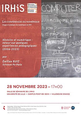 Affiche Conférence d'Émilien Ruiz "Histoire et numérique : retour sur quelques expériences pédagogiques (2006-2023)"