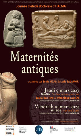 Affiche Journée d’étude doctorale d’HALMA 2023 "Maternités antiques"