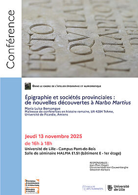 Affiche Conférence de Maria Luisa Bonsangue : "Épigraphie et sociétés provinciales : de nouvelles découvertes à Narbo Martius" (image)