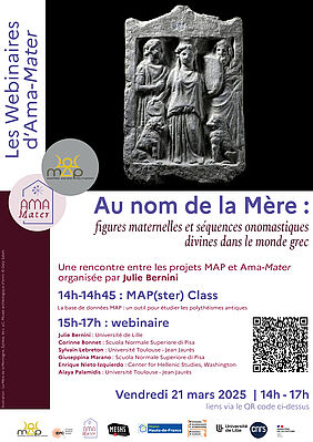 Affiche Webinaire "Au nom de la Mère: figures maternelles et séquences onomastiques divines dans le monde grec" (image)