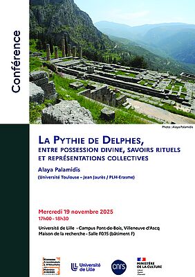 Affiche Conférence d'Alaya Palamidis : "La Pythie de Delphes, entre possession divine, savoirs rituels et représentations collectives" (image)