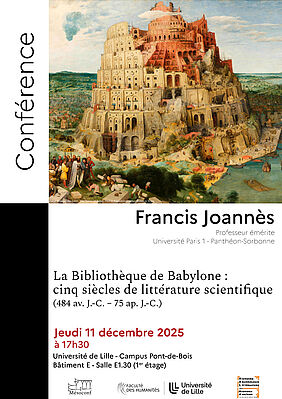 Affiche Conférence de Francis Joannès : "La Bibliothèque de Babylone : cinq siècles de littérature scientifique (484 av. J.-C. - 75 ap. J.-C.)" (image)